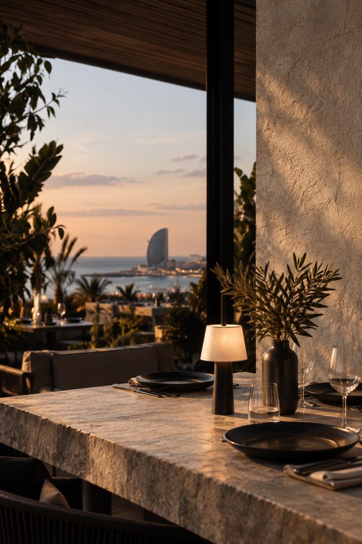 Mesa de restaurante junto al mar de Barcelona