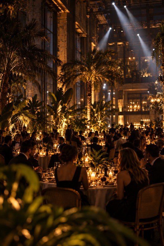 Cena de gala con iluminación cálida