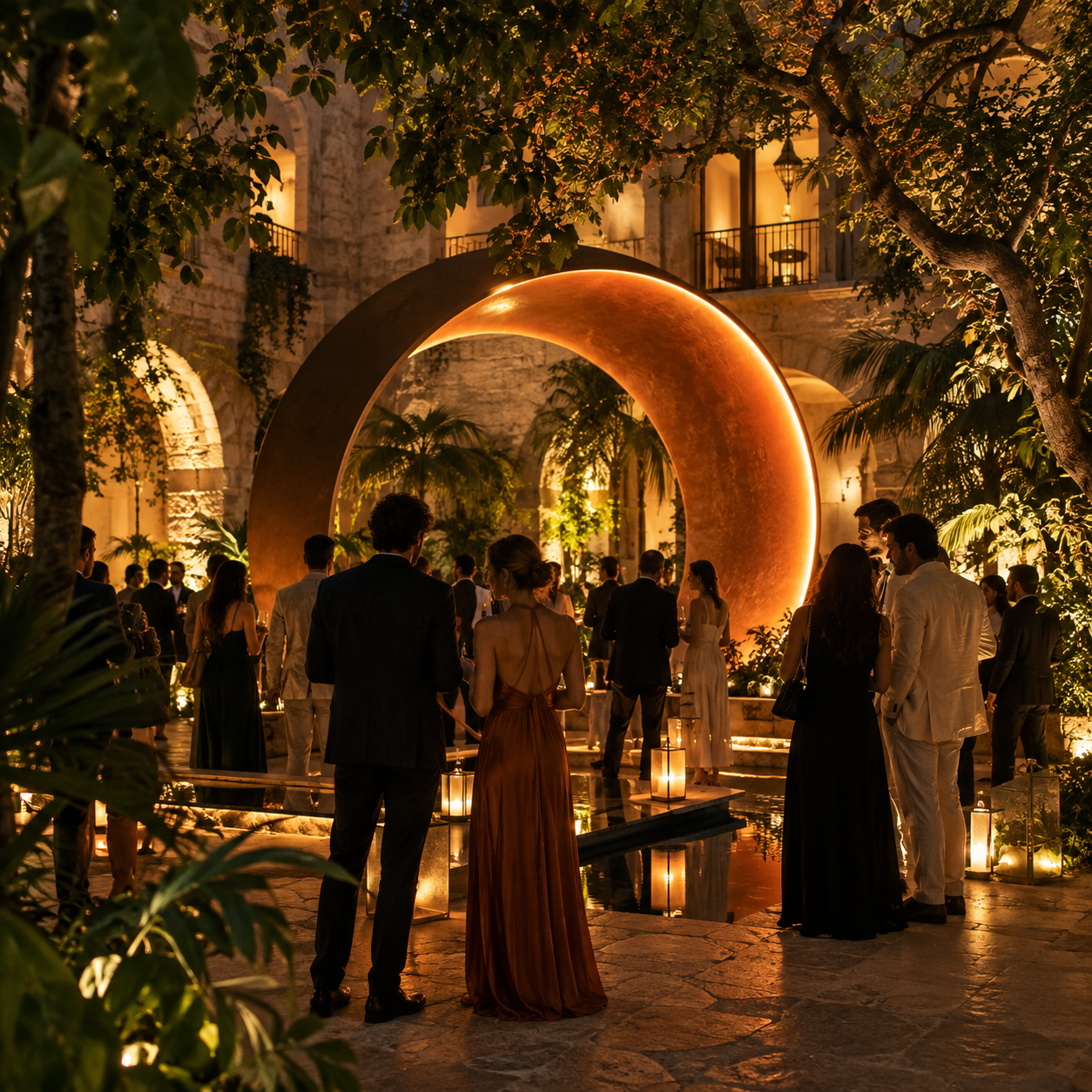 Activación de marca con iluminación naranja en un evento nocturno