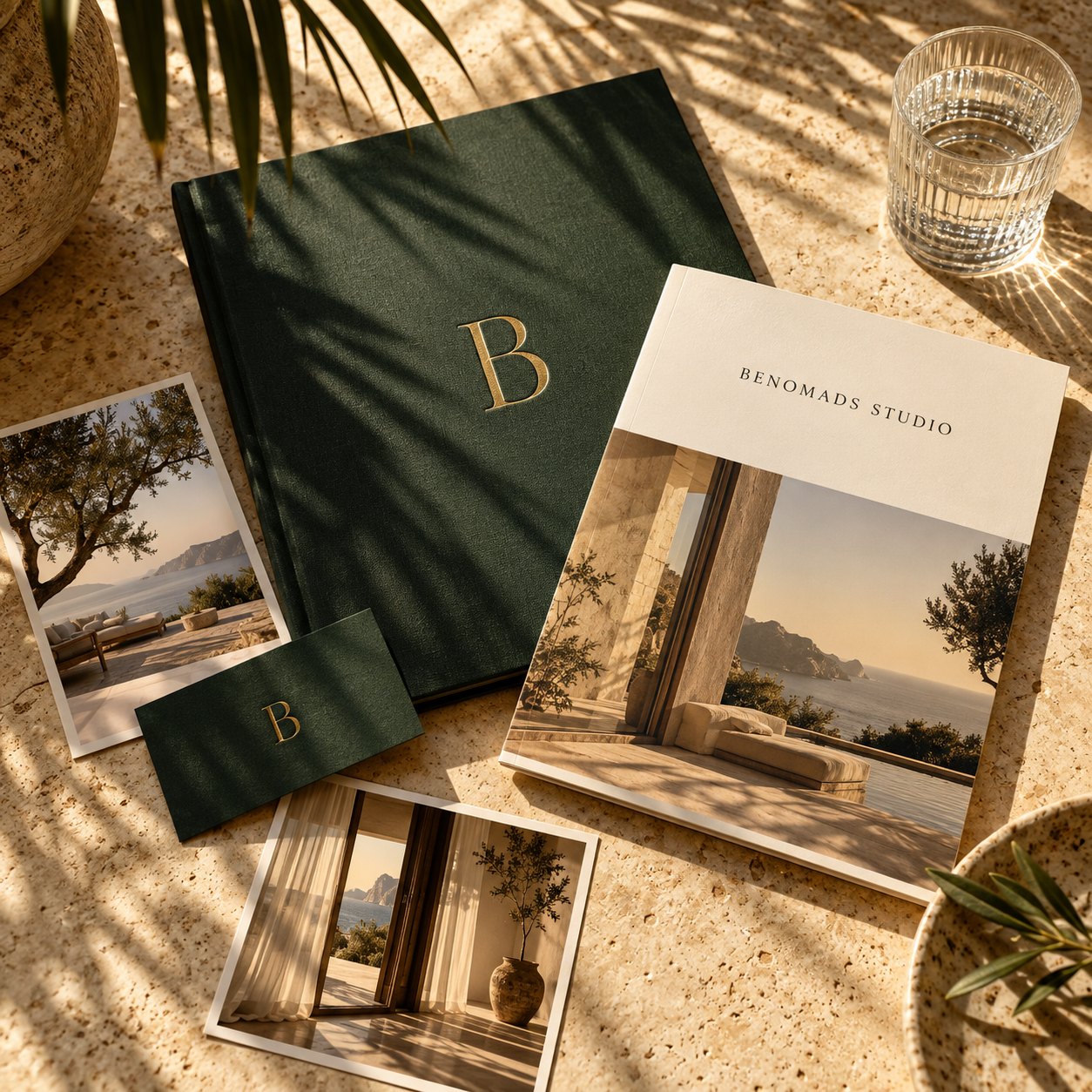 Identidad visual de Benomads Studio sobre papel y materiales de marca