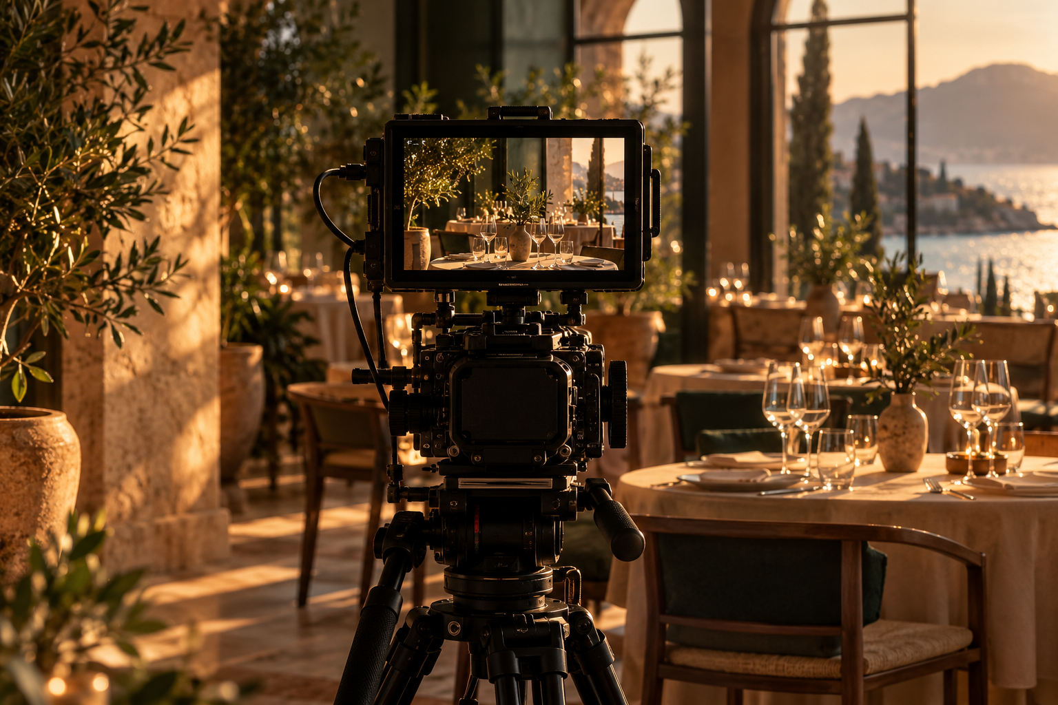 Cámara profesional y monitor durante una producción audiovisual en un restaurante