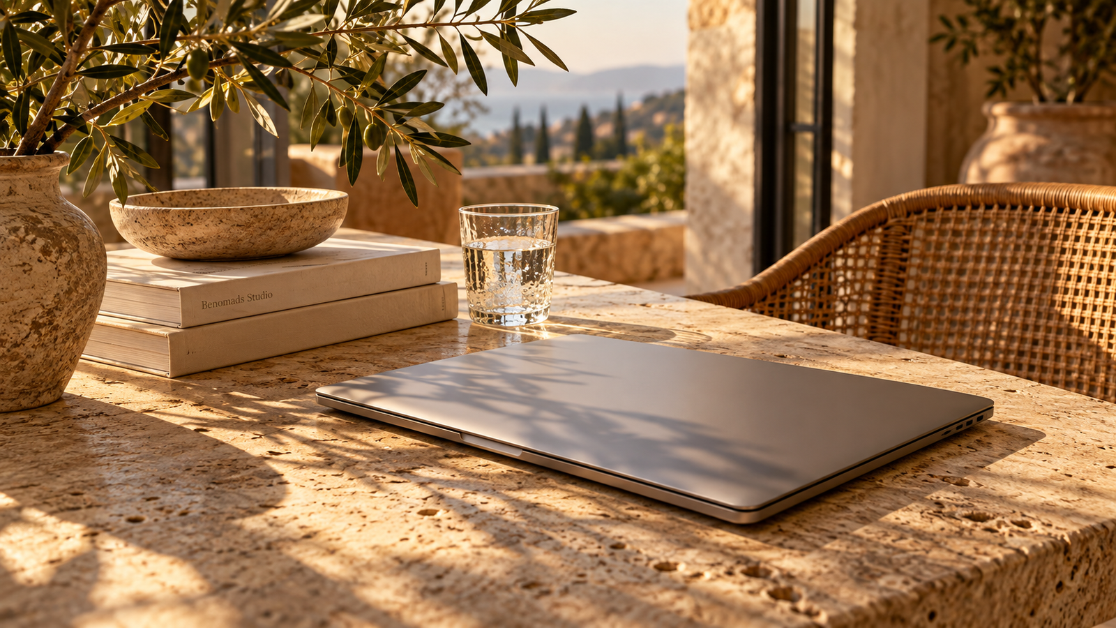 Mesa de trabajo con portátil, libros y luz mediterránea